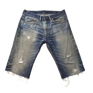 Levi's 505 Denim Shorts Mens 34 Blue Regular Fit Distressed Cutoff Raw Hem Jorts